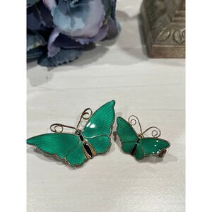 Vintage David Andersen Green Butterfly Brooch Pin Set 925 silver and enamel‎